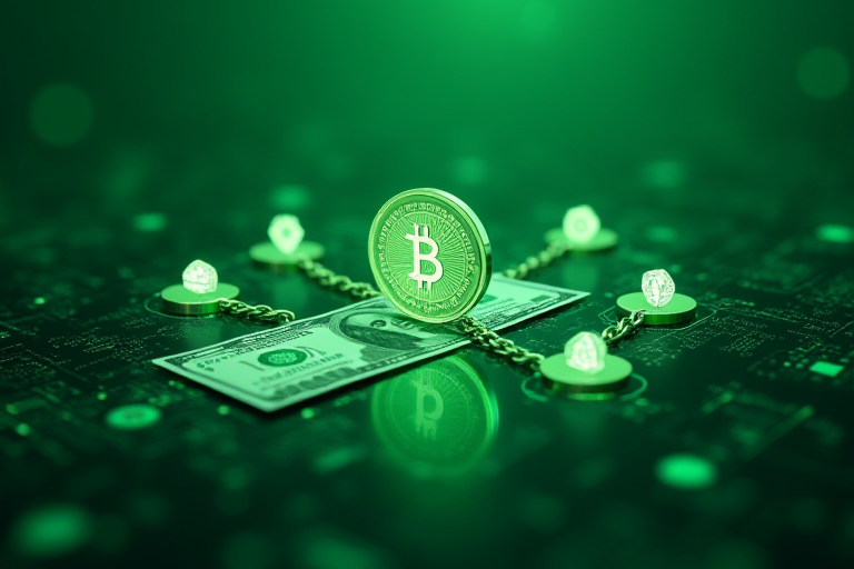 一枚稳定币用链条系在一美元纸币上，周围是其储备资产的图标，表示锚定法币
