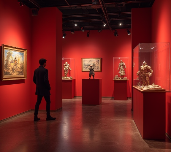 一座博物馆大厅被分成三块展区,分别展示数字艺术画框、游戏角色道具柜和会员凭证讲台,象征 NFT 的不同用途,一个剪影参观者在走动