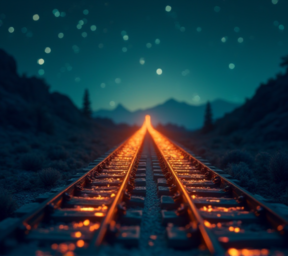 象征性的双轨铁路从星空下分叉,比喻硬分叉两条链各走各路