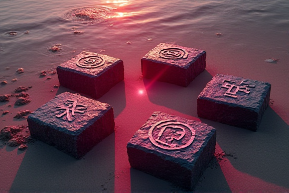 五块刻有不同符号的小石板围成一圈摆在沙地上