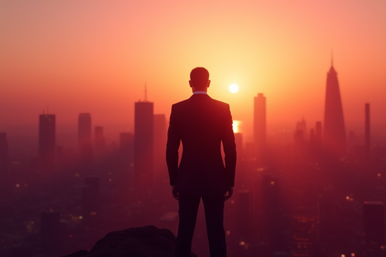 一位投资者夕阳下独自坐在天台俯视屏幕