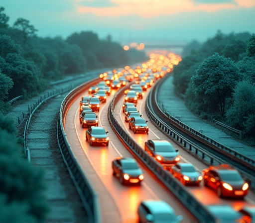 A busy main road with a smooth elevated side road alongside, cars flowing on the upper lane while traffic jams below, conceptual illustration of Layer 2 scaling