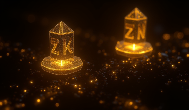 Two glowing geometric structures hovering above a base chain, labeled Optimistic and ZK, rollup batches flowing between them, abstract crypto infrastructure visualization