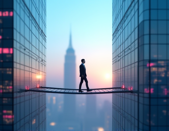一个穿西装的创始人剪影在两座分别写着 regulation 和 crypto 的玻璃高楼之间走钢索,远处交易所开市铃声响起,平衡与风险的隐喻