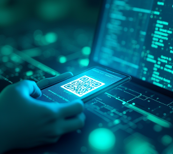 一个手机钱包扫描笔记本屏幕上的 dApp 二维码，象征 WalletConnect 在浏览器与移动钱包之间建立握手