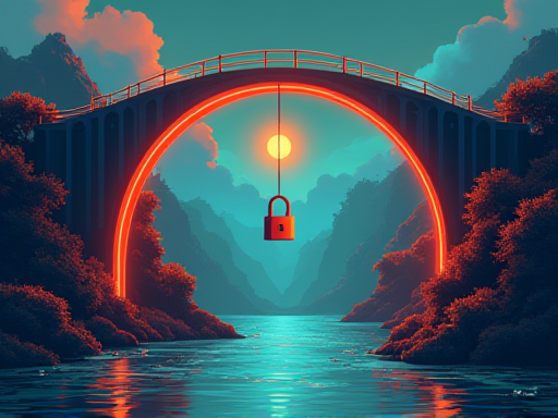 一个霓虹色调的概念图，描绘一座桥连接钱包设备与浏览器窗口，桥中段挂着一把锁