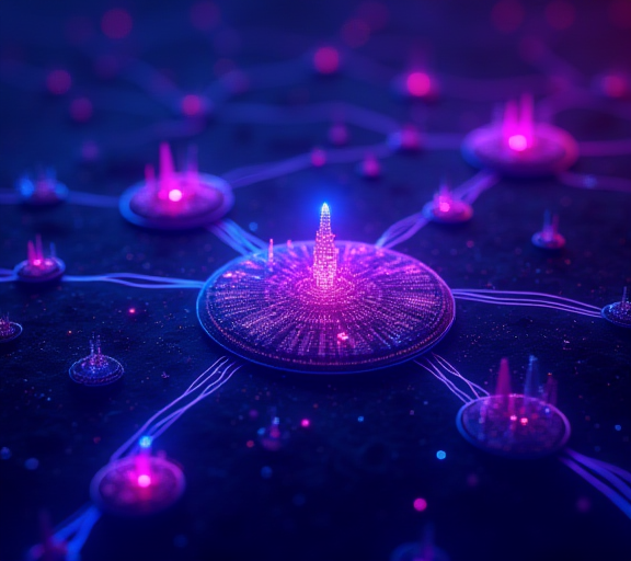 一张全景图上散落着几个发光的公链节点,每个节点代表一个家族——比特币、以太坊、Solana 等,节点之间用细线相连