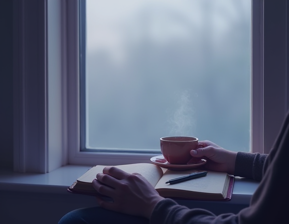 一个人坐在窗边,桌上有一杯茶在冒着热气,眼睛望着远处出神,桌上摊开一本翻开了一半的笔记本,灯光柔和,整体氛围安静而思考