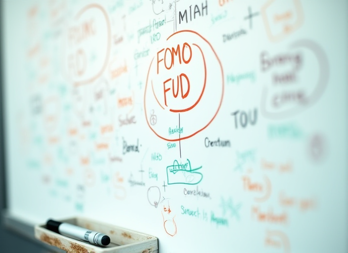 一块写着大量缩写的白板,中央用红笔圈出了 FOMO 和 FUD 两个词,旁边是一支没盖盖子的马克笔