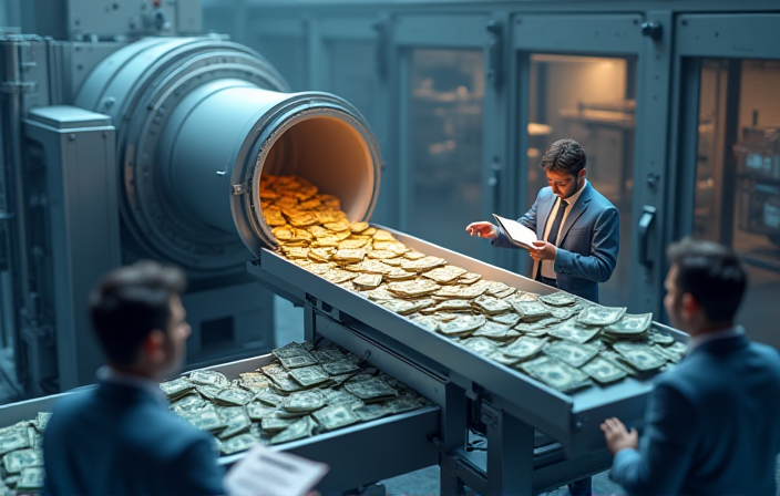 一台大型的工业级机器,左边漏斗投入资金,右边输送带送出 ETF 份额,整个流程由几个西装人士在监督,远端是托管金库