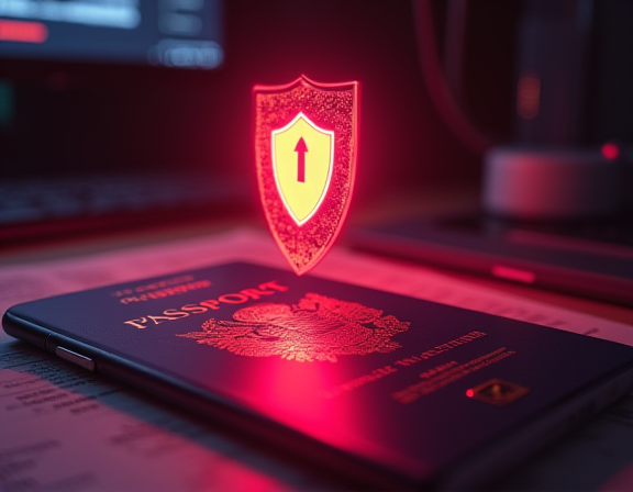 A close-up of a tidy desk with a passport copy and a smartphone, a glowing translucent shield icon hovering above them suggesting a switch to a saved official bookmark and a hardware 2FA key