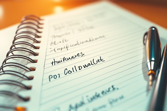 A minimalist notebook close-up with four columns titled accounts, cold wallets, verification entries, and family contacts, with a metal pen and a folded hardware wallet card beside it