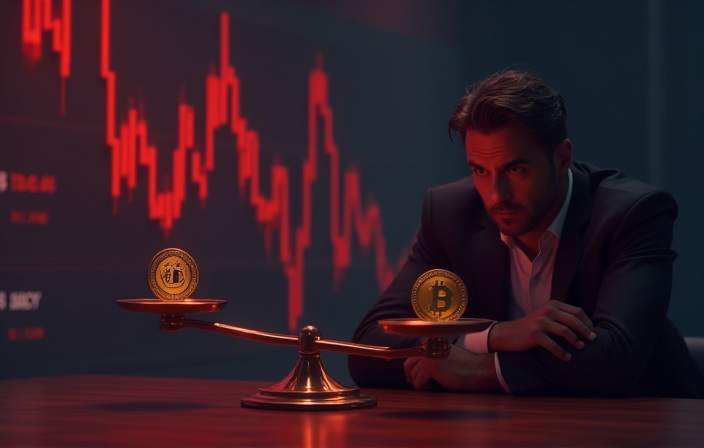 一张 ETHBTC 汇率图表,K 线长期下行至 0.027 区域,旁边一名投资者皱眉看着两只装满代币的天平,BTC 一侧明显沉重