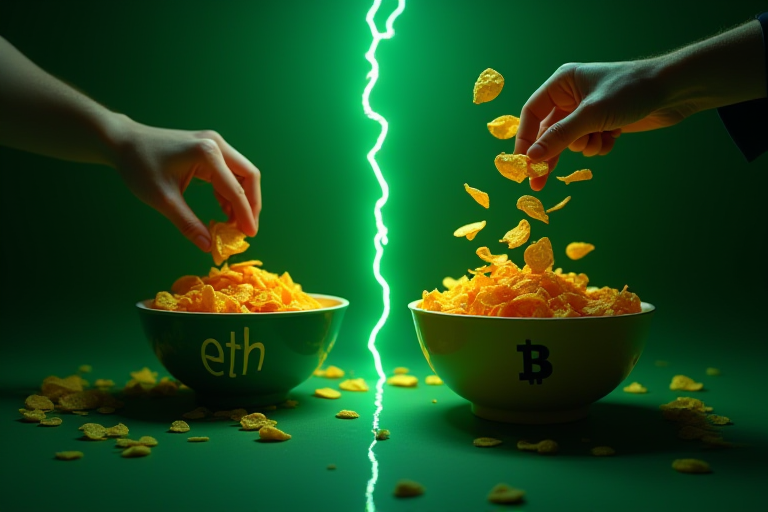 一张分屏画面,左边一名投资者按周分批从 ETH 碗里拨筹码到 BTC 碗里,动作克制;右边另一名投资者一次性把所有 ETH 倒进 BTC 桶并显得慌乱,对比鲜明