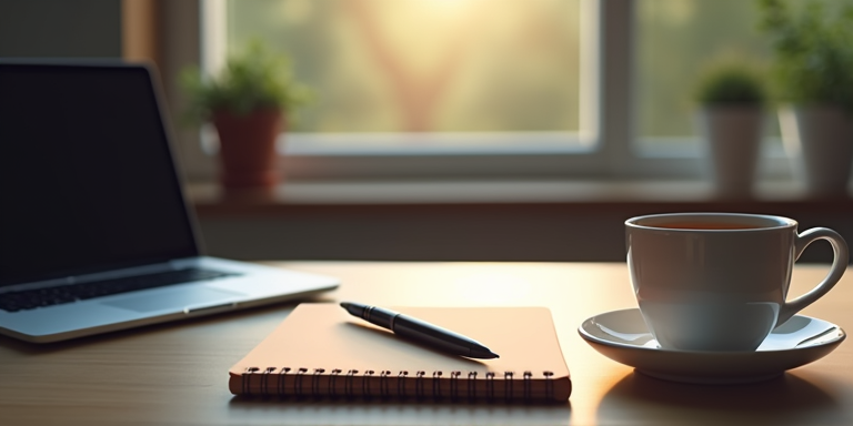 A quiet desk with closed notebook and warm tea, reflective mood