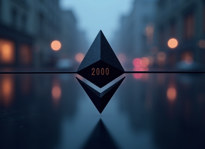 一张概念配图，画面正中是以太坊菱形 logo 的抽象剪影，被一条标注"2000"的水平线轻轻穿过，背景是夜色中模糊的城市光斑，颜色冷蓝偏深紫，氛围安静而带反思感，整体光线低对比