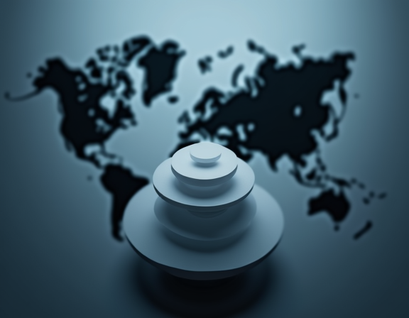 A calm minimalist conceptual editorial image with three semi-transparent concentric layered rings stacked vertically at the center, each ring softly labeled with short, mid, and long time scales, a blurred dark world map silhouette in the deep background, cool blue and gray palette, low contrast, contemplative restrained atmosphere, photorealistic editorial style, no human faces, no readable country marks