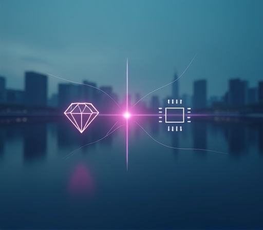 A calm minimalist conceptual editorial image with two abstract geometric symbols on either side — a faceted diamond on the left representing crypto and a stylized chip outline on the right representing AI — a thin curved arrow of light flowing between them from left to right, blurred deep blue-gray city skyline silhouette in the background, restrained cool palette, low contrast, photorealistic editorial style, no human faces, no readable brand or company logos