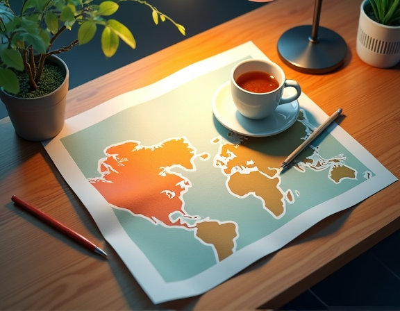 A flat overhead conceptual photograph of a wooden desk with a large paper map laid open showing two softly highlighted regions in different muted colors connected by a curved line, a warm steaming cup of tea and a pencil resting beside it, gentle warm lamp light, calm planning atmosphere, photorealistic editorial style, no human faces, no readable text or brand marks